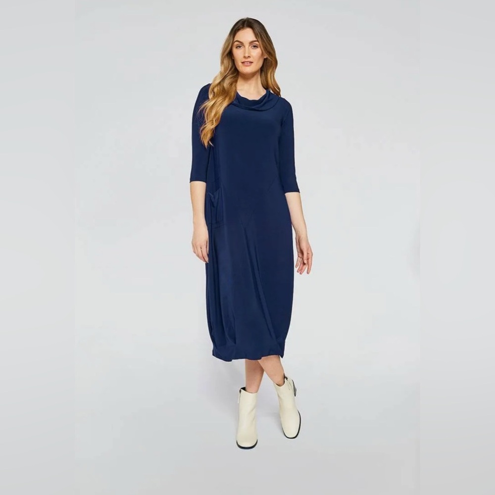 Sympli NWT Angle Seam Pleat Hem Dress Denim Navy Blue Dress Pocket Size 12